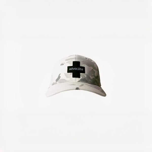 White cap with black 'advocate' logo on a white background