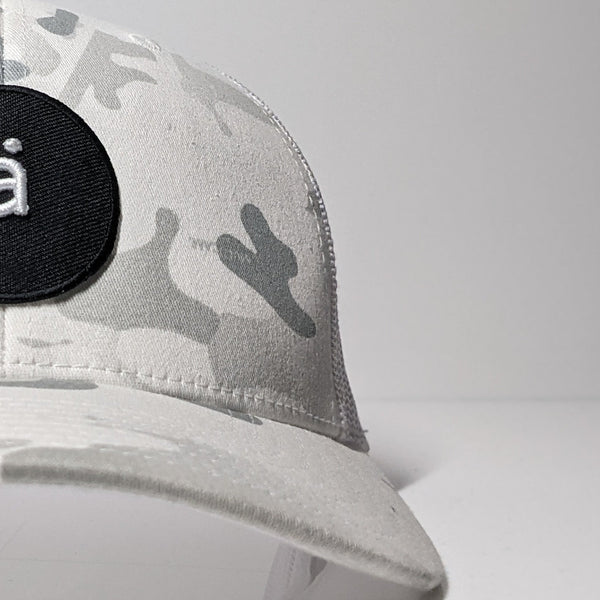 Gray camouflage baseball cap with black logo on a light gray background